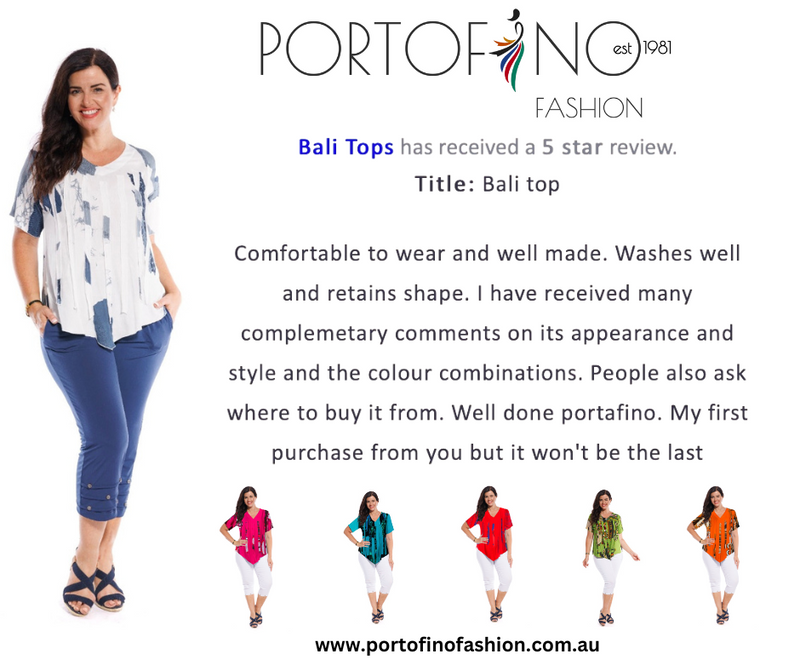 The popular Bali Tops are available in a variety of colours & are well made & cool & comfortable. They are 100% cotton & are well priced at $49.95.