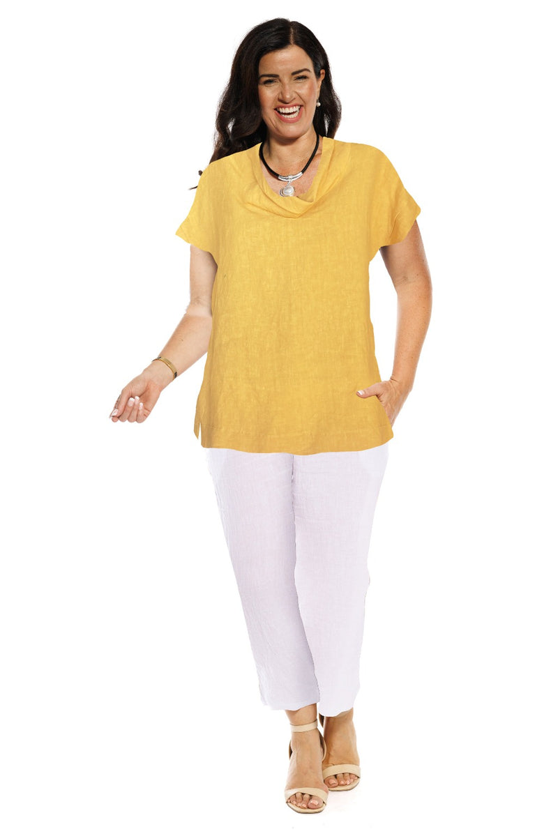The Sora Cowl Neck Linen Top has capped sleeves with a wide seam hem & side splits & a deep hem stitch-line at the bottom of the bodice. The length finishes at the high hip.
