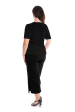 The Calabria stretch polyester Draped Front Top sits to the high hip. The back is plain. It mixes & matches back with the Palermo Culotte, the Venice Slinky Pant, the long Black Panelled Skirt or black Bologna Knee Length Skirt.